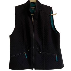 Talbots quilted cotton vest, dark gray with teal lining, zippered, lightweight.